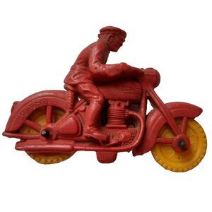 Vintage Auburn Rubber Police Toy Motocycle 4" Harley Red Yellow Wheels 1950s